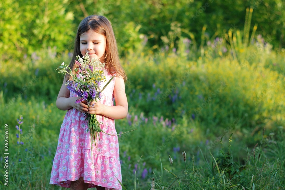 Beautiful caucasian white girl in pink dress on the meadow sunny field holding bouquet of colorful wild flowers. Happy child in summer day on blooming spring field discovery nature. Summer time Beautiful caucasian white girl in pink dress on the meadow sunny field holding bouquet of colorful wild flowers. Happy child in summer day on blooming spring field discovery nature. Summer time