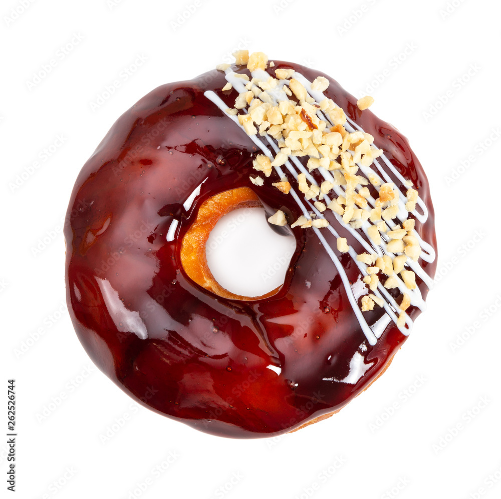Fototapeta premium Donut with glossy mirror caramel glaze and nuts isolated on white