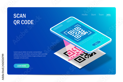 Qr Verification Concept. Mobile phone with a scanner reads the qr code. Machine-readable barcode on smartphone screen. Vector editable hi tech illustration in isometric style.