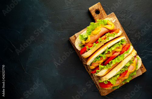 Canvas Print delicious hot dogs on a stone background with copy space for your text