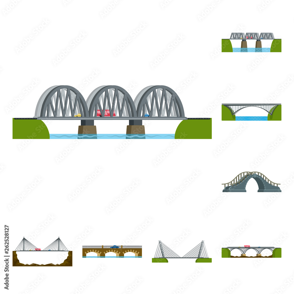 Vector illustration of bridgework and bridge symbol. Set of bridgework and landmark stock symbol for web. Vector illustration of bridgework and bridge symbol. Set of bridgework and landmark stock symbol for web.