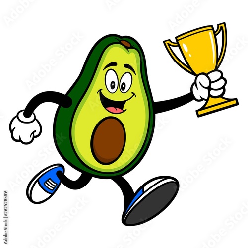 Avocado Mascot running with a Trophy - A cartoon illustration of a cute Avocado mascot.