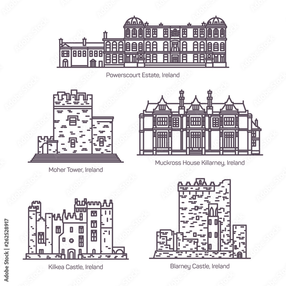 Obraz premium Set of isolated Ireland landmarks in thin line