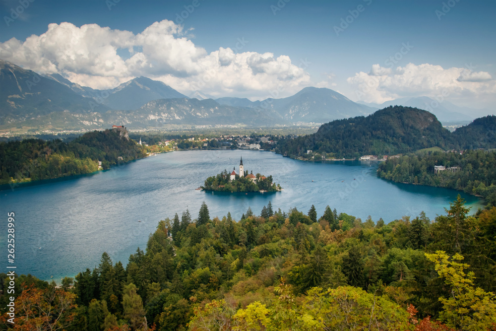 Lake Bled with St Marys church on the small island,Bled,Slovenia,Europe