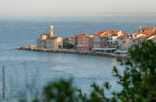 Obraz na płótnie Old Church on the Pier in Piran during sunrise, Slovenia w salonie