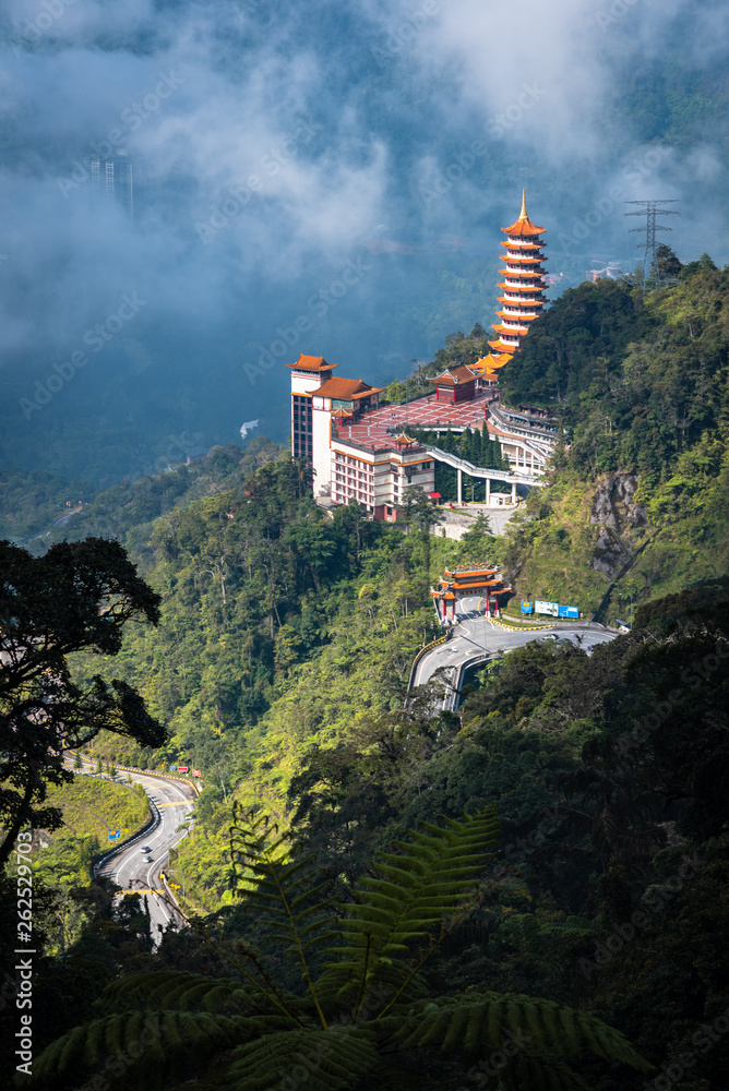 Chinese Pagoda Temple on top a hill in Genting Highland, Malaysia