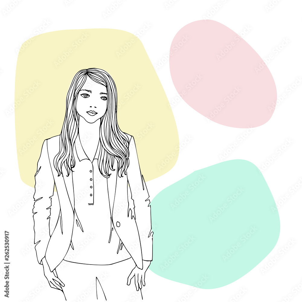 Pretty office girl, , fashionable business woman,dressed in a jacket and  pants, casual style, vector hand drawn line sketch, isolated on coral Stock  Vector | Adobe Stock