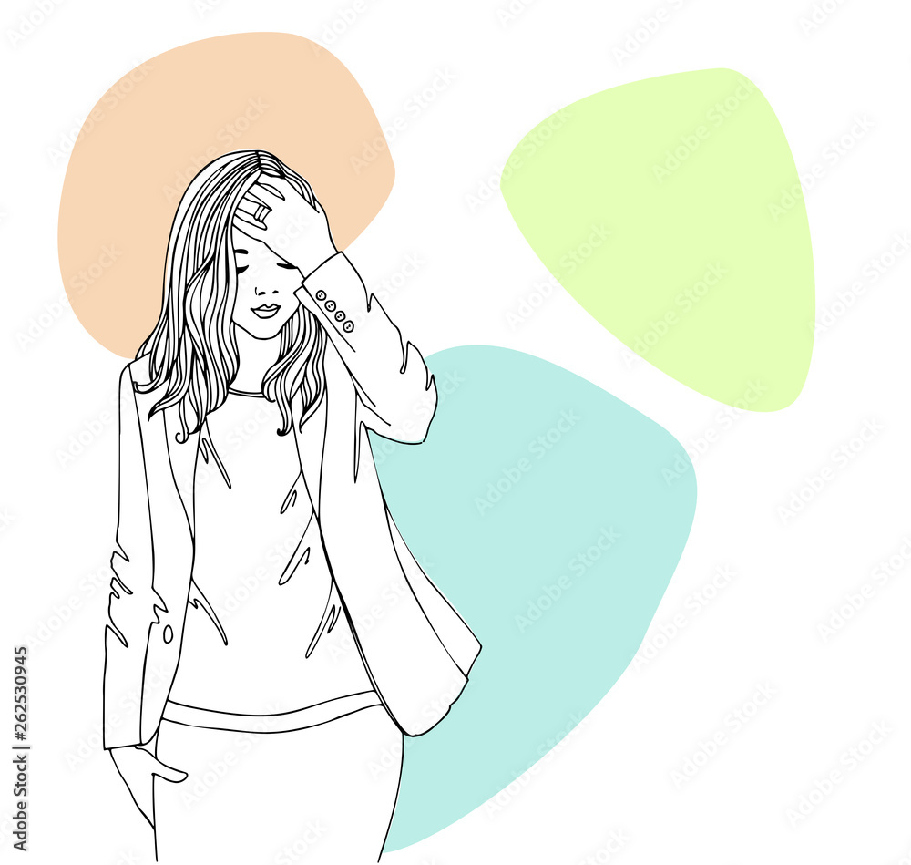 Pretty office girl, , fashionable business woman,dressed in a jacket and pants, casual style, vector hand drawn line sketch, isolated on coral Pretty office girl, , fashionable business woman,dressed in a jacket and pants, casual style, vector hand drawn line sketch, isolated on coral