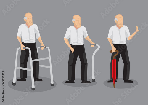 Bald Old Man with Walking Aid Vector Cartoon Character Illustration