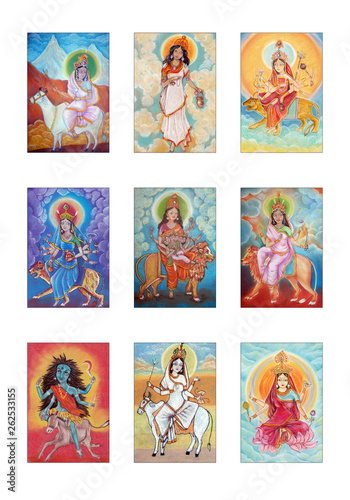 Set of images of Indian Goddess Navaratri. Pastel drawing.