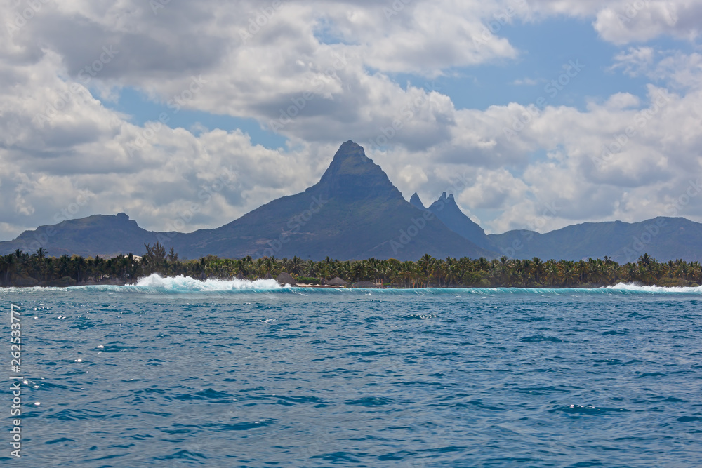 View from sea on the mountain landscape of tropical island Mauritius