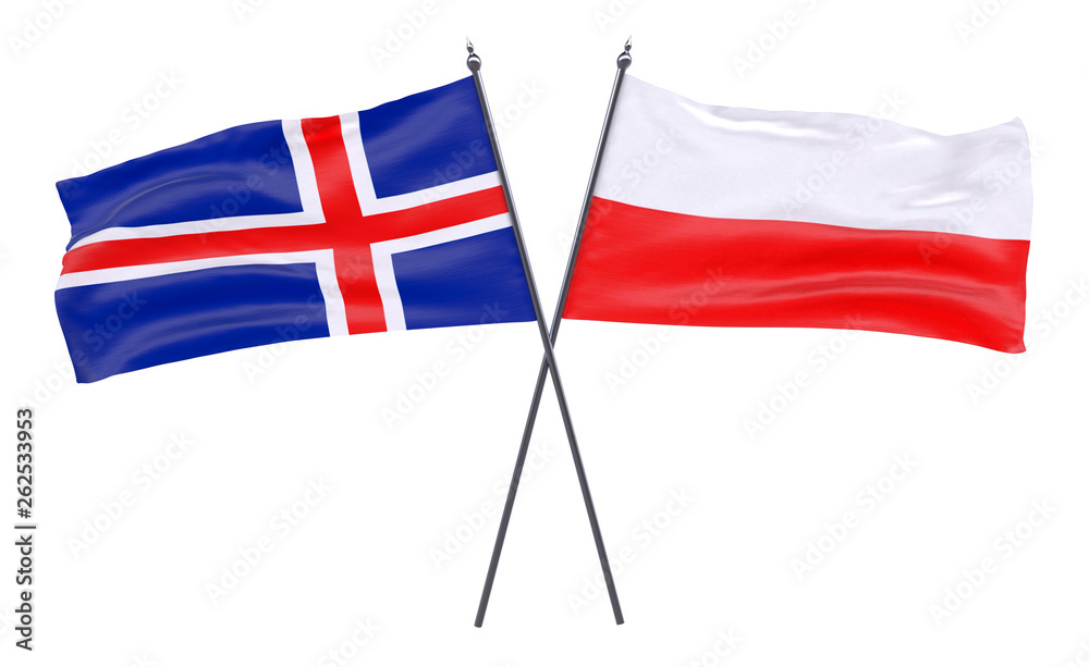 Iceland and Poland, two crossed flags isolated on white background. 3d image