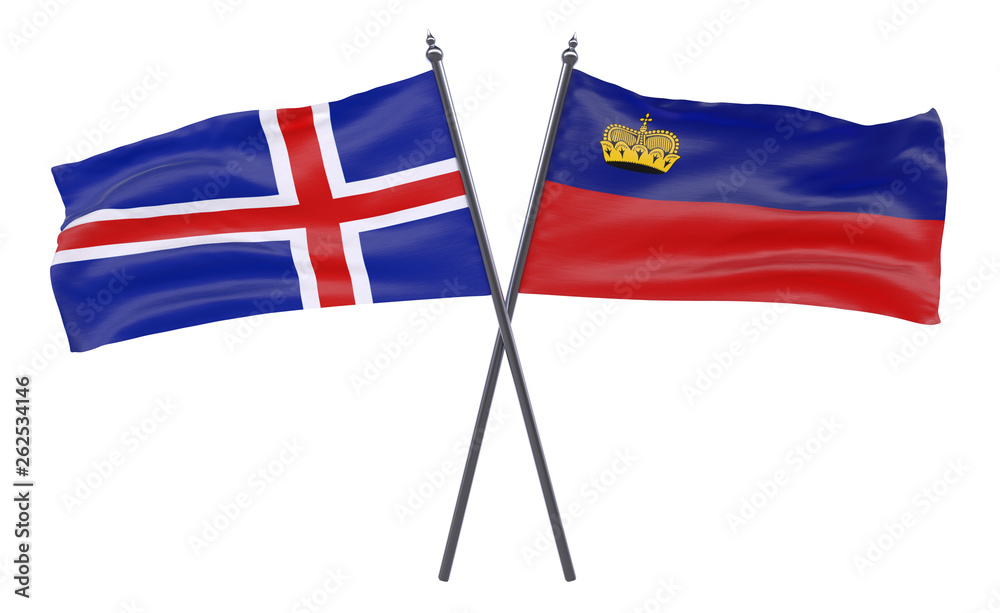 Iceland and Liechtenstein, two crossed flags isolated on white background. 3d image