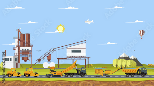 Vector cement factory and work machines paver, asphalt, road construction, cold milling machine, tipper, car, SUV
