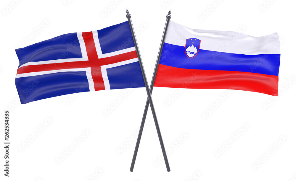 Iceland and Slovenia, two crossed flags isolated on white background. 3d image