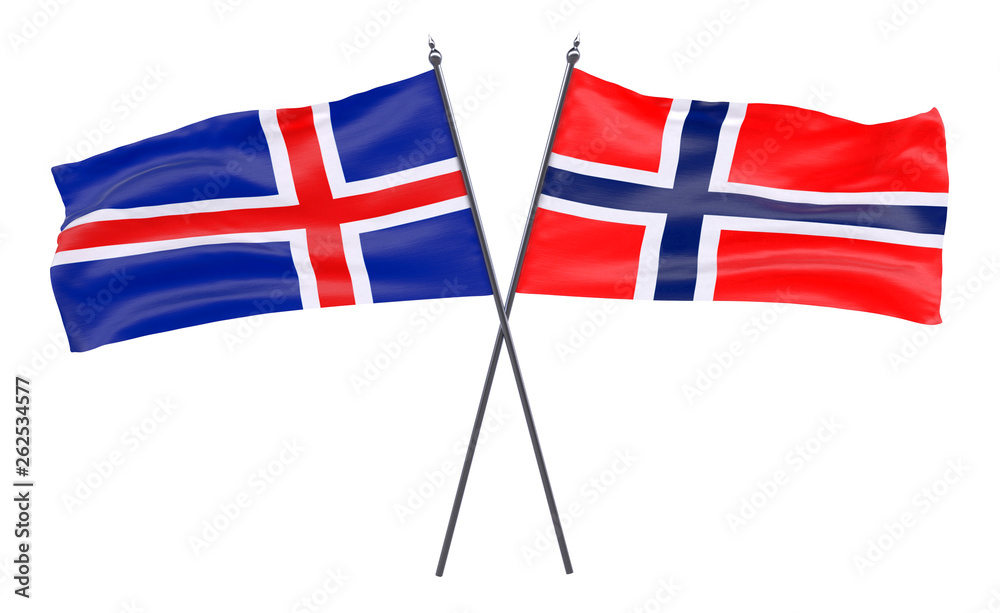 Iceland and Norway, two crossed flags isolated on white background. 3d image
