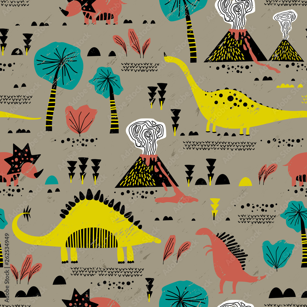 Seamless pattern with cartoon dinosaurs. Creative nursery background. Perfect for kids design, fabric, wrapping, wallpaper, textile, apparel. Scandinavian style.