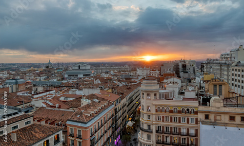 Madrid,Spain skyline and Almudena Cathedral at sunset