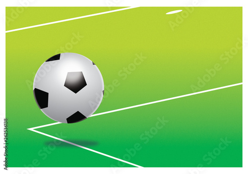 Football or soccer ball bouncing into penalty area of pitch illustration