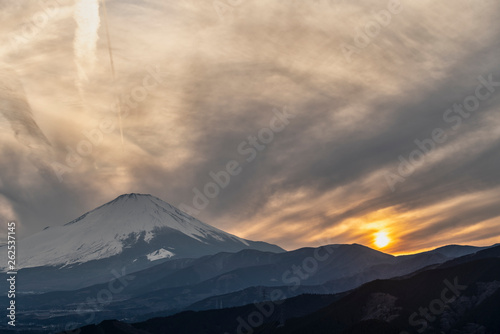 大野山から見る富士山の夕日