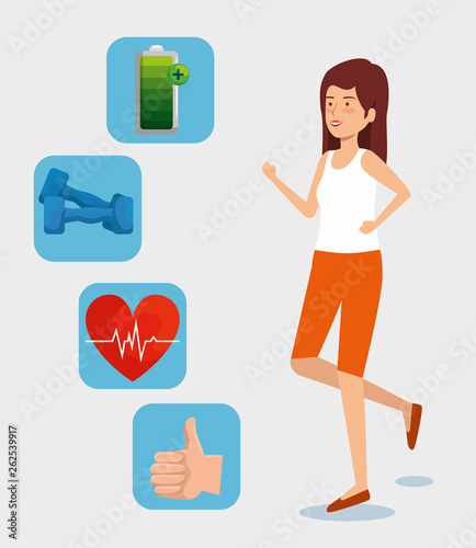 woman with battery with dumbbells and good sign hand