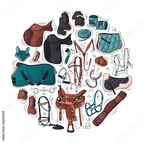 Vector illustrations on the equestrian equipment theme.