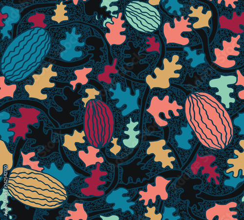 Complex watermelon seamless pattern in bright colors and dark blue. Messy watermelon plant with leaves and stems for backgrounds, fashion, textile, wrapping paper and wallpaper