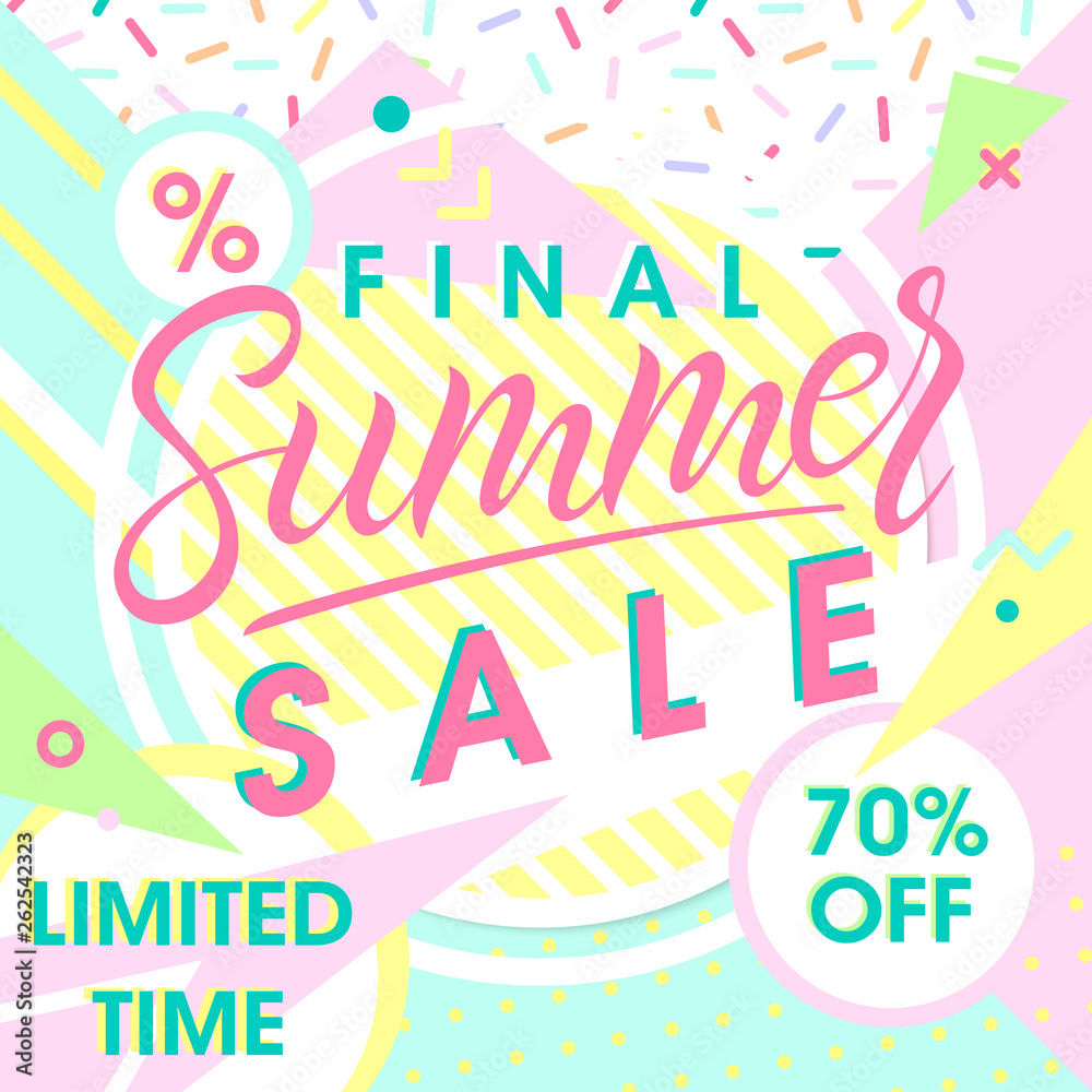 Summer special offer banner.Hand drawn lettering summer with geometric elements in memphis style. Sale season card perfect for prints, flyers,banners, promotion,special offer and more.