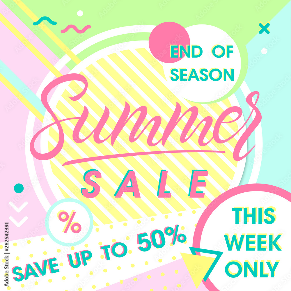 Summer sale banner.Hand drawn lettering summer with geometric elements in memphis style.Sale season card perfect for prints, flyers,banners, promotion,special offer and more. Summer sale banner.Hand drawn lettering summer with geometric elements in memphis style.Sale season card perfect for prints, flyers,banners, promotion,special offer and more.