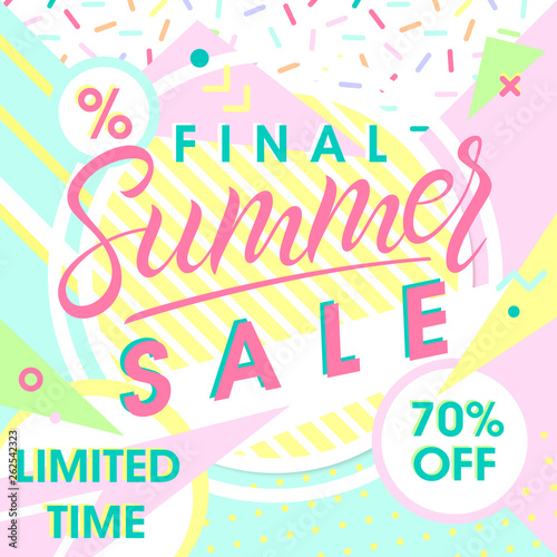 Summer special offer banner.Hand drawn lettering summer with geometric elements in memphis style. Sale season card perfect for prints, flyers,banners, promotion,special offer and more.