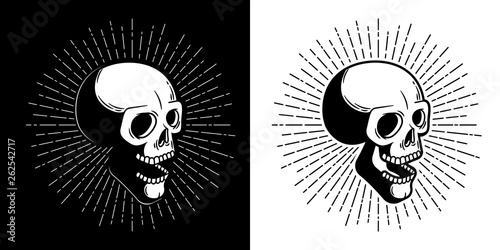 Skull hipster with sunburst - print style. Vector illustration