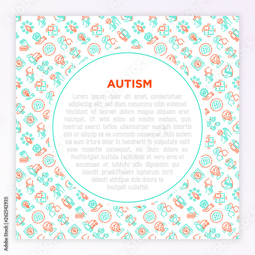Autism concept, symptoms and adaptive skills thin line icons: repetitive behavior, stereotypy, ignoring of danger, autoaggression, hysterics, social interaction. Modern vector illustration.