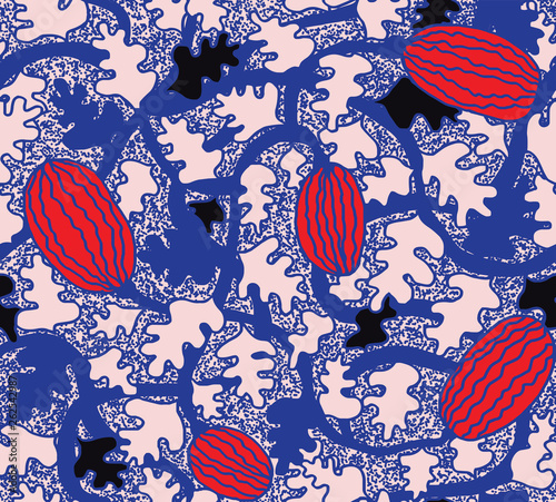 Complex watermelon seamless pattern with texture in pink and blue. Messy watermelon plant with leaves and stems for backgrounds, fashion, textile, wrapping paper and wallpaper