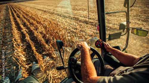 Valokuva Farmer in machine harvesting corn