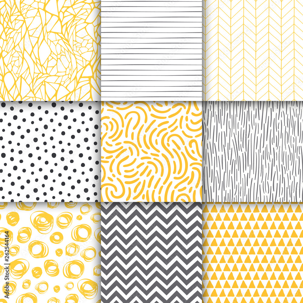 Abstract hand drawn geometric simple minimalistic seamless patterns set. Polka dot, stripes, waves, random symbols textures. Vector illustration