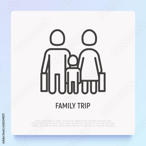 Migrants thin line icon: mother, father and child with suitcase. Modern vector illustration.