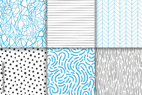 Abstract hand drawn geometric simple minimalistic seamless patterns set. Polka dot, stripes, waves, random symbols textures. Vector illustration