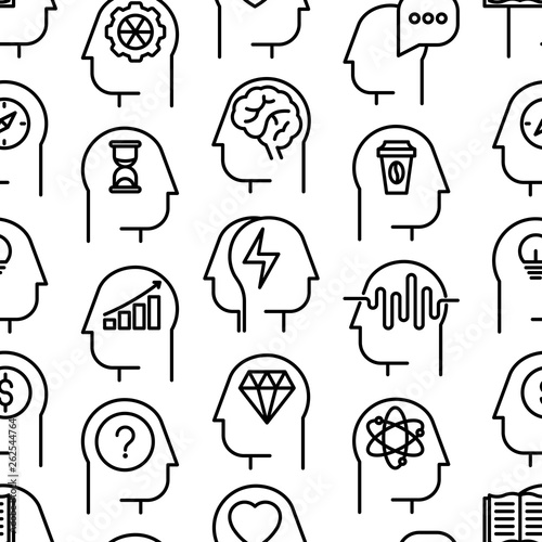 Mind process seamless pattern with thin line icons: intelligence, passion, conflict, innovation, time management, exploration, education, logical thinking. Modern vector illustration.