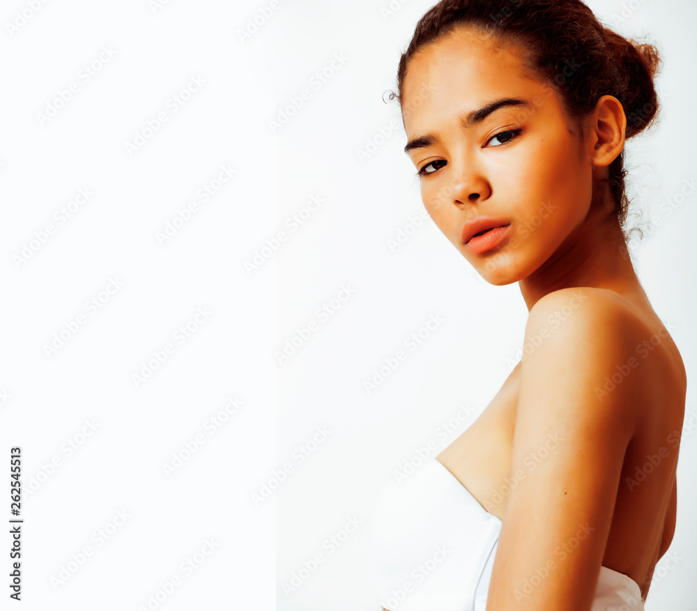 young pretty african american woman close up isolated on white background, spa healthcare people concept young pretty african american woman close up isolated on white background, spa healthcare people concept