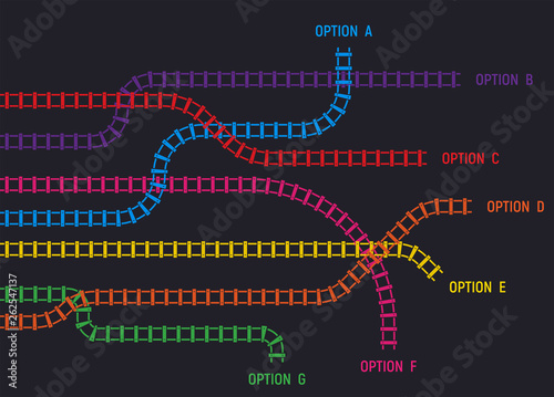 Train rail tracks, railroad infographic template. Railway tracks in directions. Colorful tracks going in different directions with option. Rail map or logistic options.