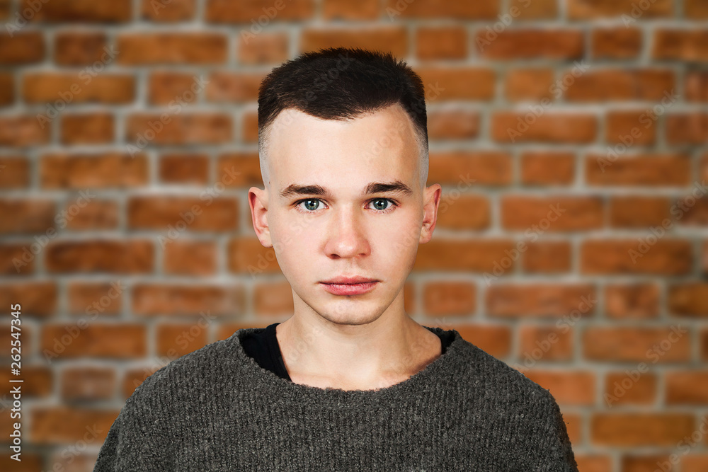 Portrait of white yong guy in gray sweater and short haircut, on brick wall background Portrait of white yong guy in gray sweater and short haircut, on brick wall background