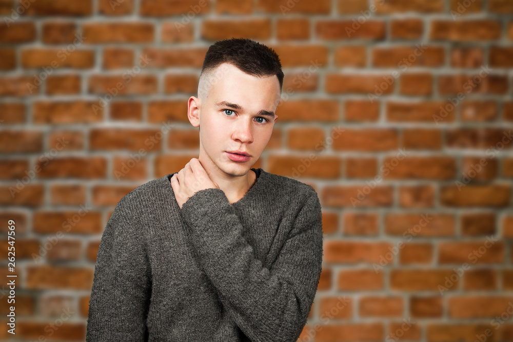 Portrait of white yong guy in gray sweater and short haircut, on brick wall background Portrait of white yong guy in gray sweater and short haircut, on brick wall background