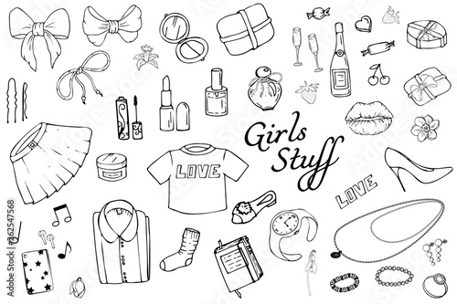 Set of Hand drawn Templates Fashion illustration with Girls Stuff. Set of women's clothing, jewelry, cosmetics, gifts and romance. Actual vector drawing of lovely things. Interests of a young  girl.