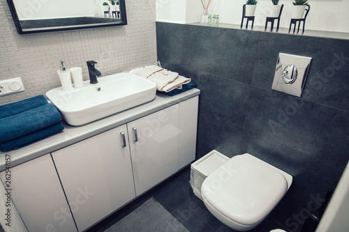 Fototapeta Naklejka Na Ścianę i Meble -  the interior of the bathroom, sink shower and toilet are decorated with gray tiles