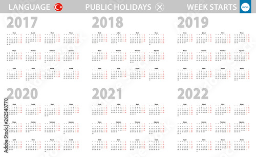 Calendar in Turkish language for year 2017, 2018, 2019, 2020, 2021, 2022. Week starts from Monday.