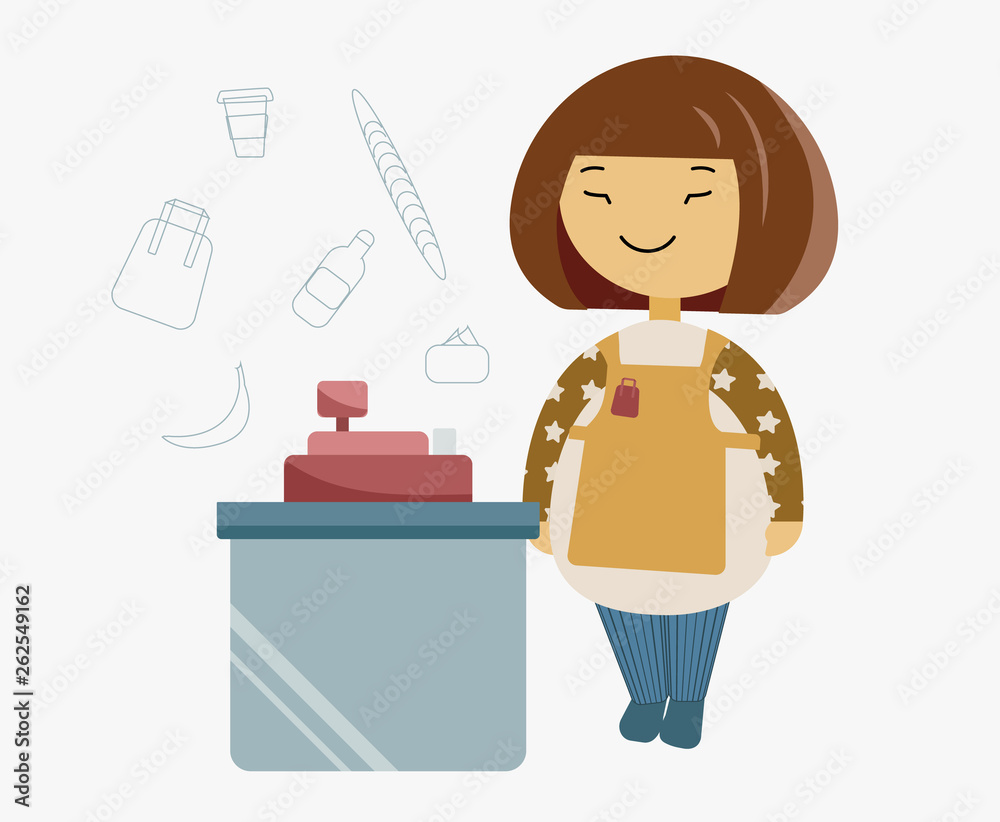 Smiling cashier in a grocery store japanese asian style. Cashbox with food silhouette. Flat cartoon editable vector.