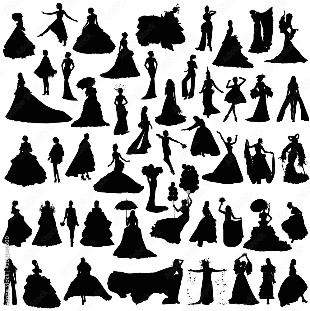 Brides in different dresses and poses. Set of silhouettes on a white background.