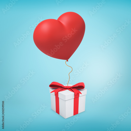 3d rendering of white gift box tied with red ribbon and with red heart-shaped balloon attached to it on wick.