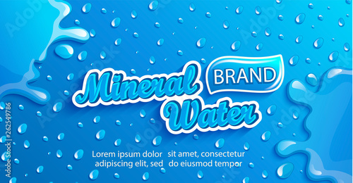 Fresh mineral water label, clean and natural with splash and drops from condensation on gradient blue background for brand,logo, template,banner, emblem and store,packaging,advertising,packing.Vector