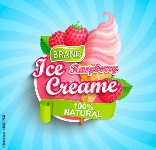 Raspberry Ice cream logo on sunburst background with berries and sundae in cone in cartoon style for your design.Gelato for banner,poster,brand,template and label,packaging,packing, emblem. Vector